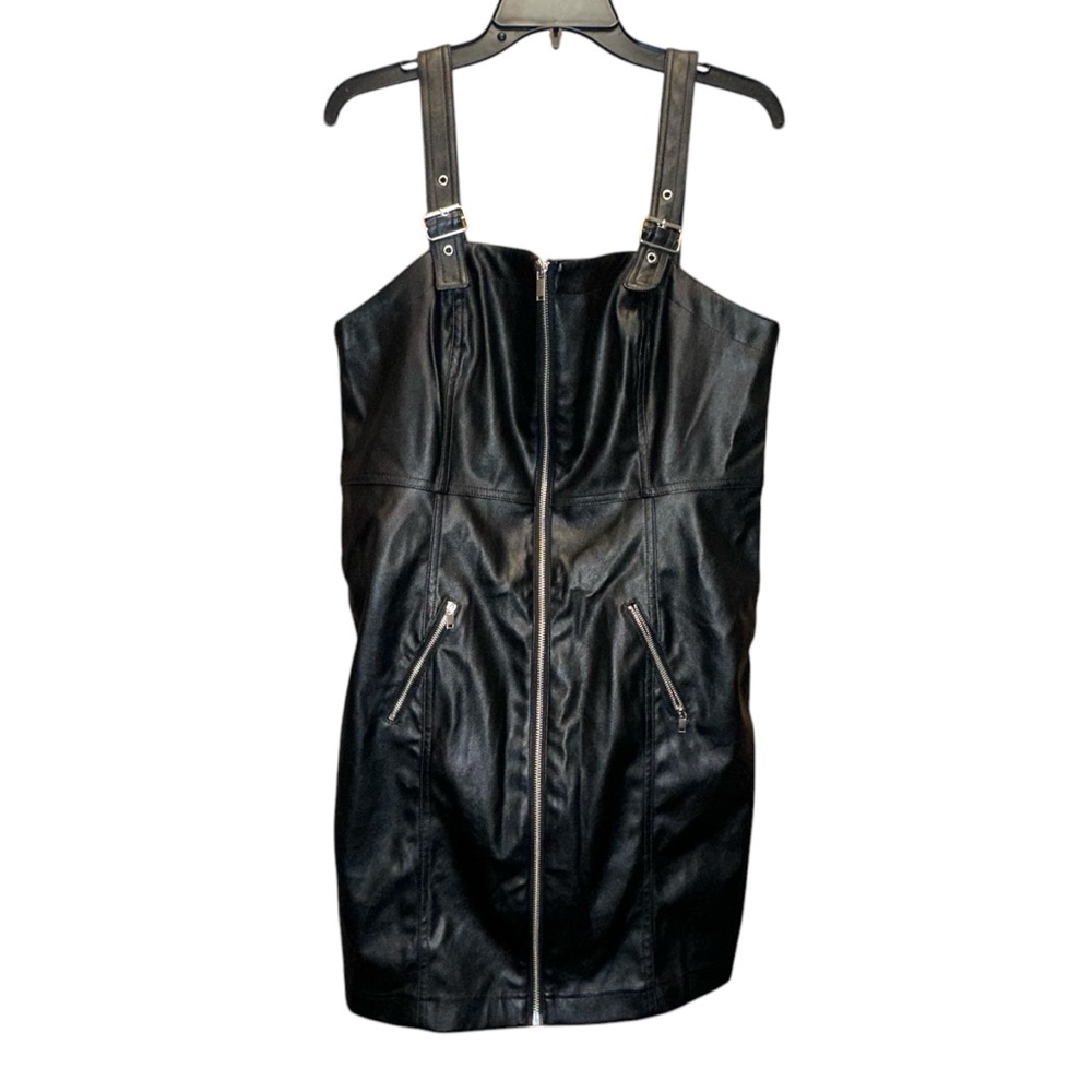 H&M black faux leather mini dress adjustable straps with zipper size large NWT